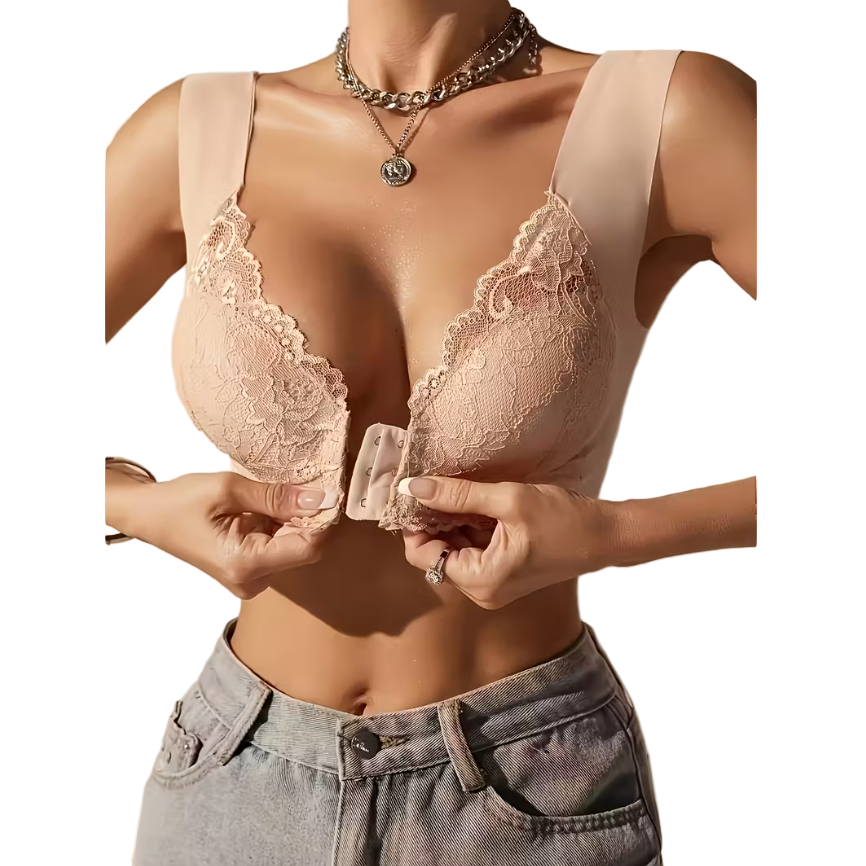 Front Fastening Lace Bralette - Beige Nude