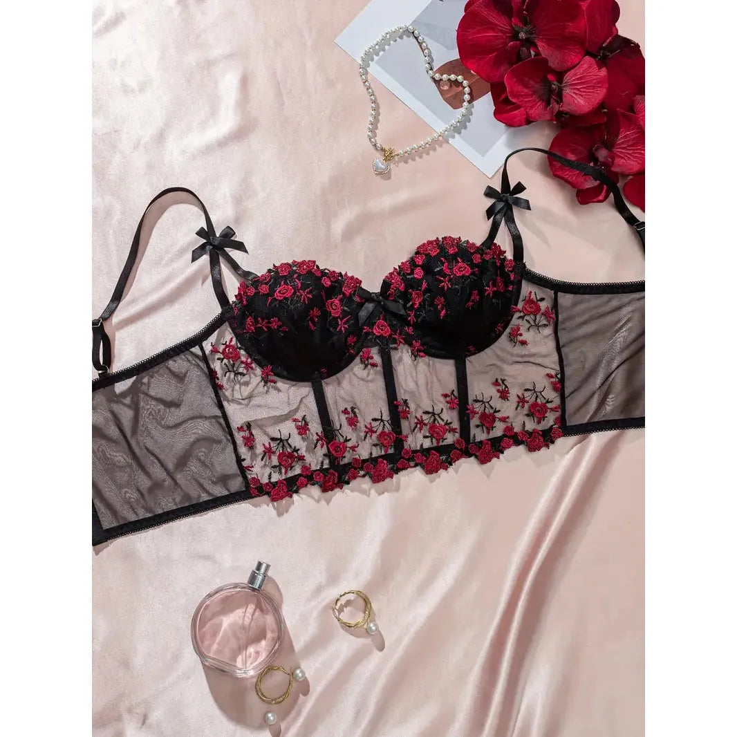 Black floral corset bra