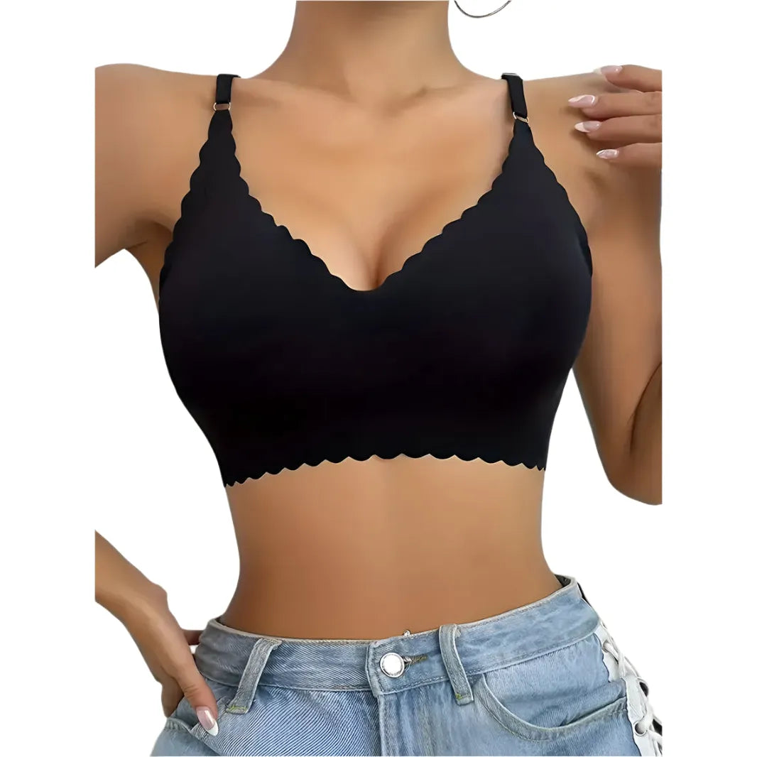 Black Seamless Scalloped-Edge Wireless Bralette
