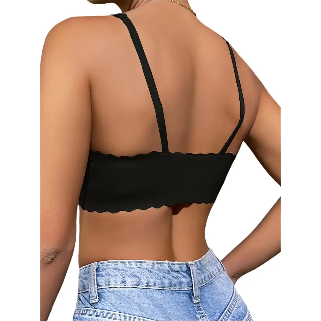 Black Seamless Scalloped-Edge Wireless Bralette