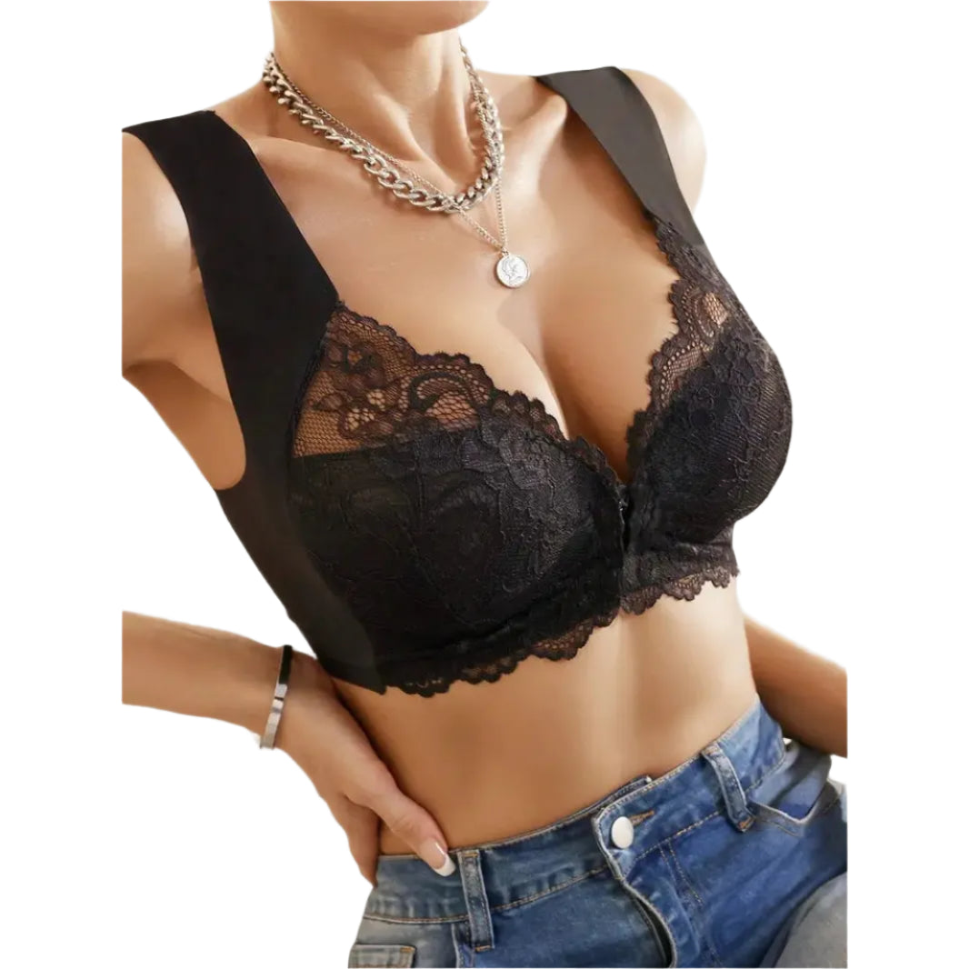 Front Fastening Lace Bralette - Black