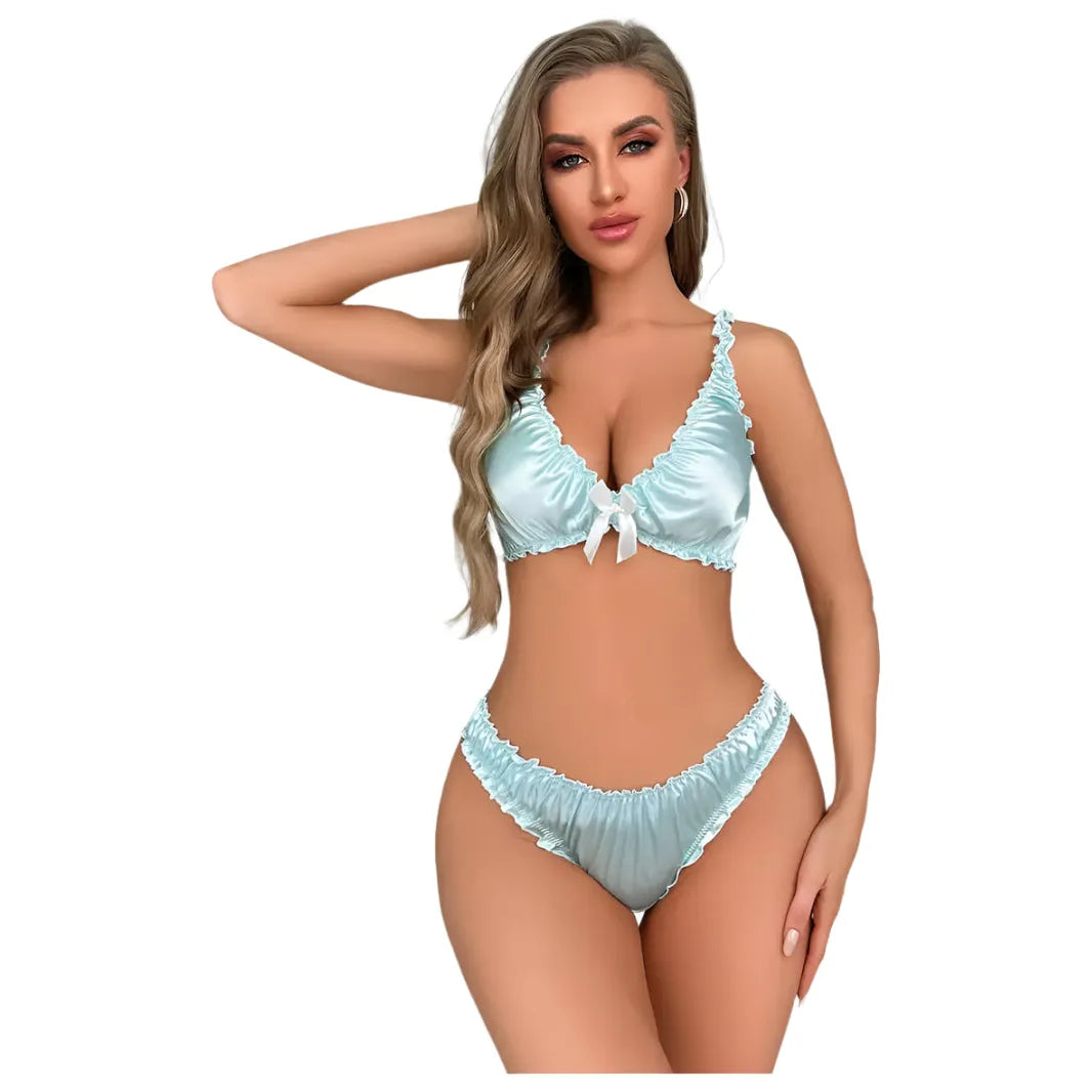 Pale Green Satin Bra & Knickers Set