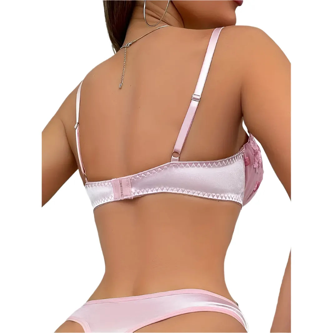 Pink Flower Embroidered & Satin Bra