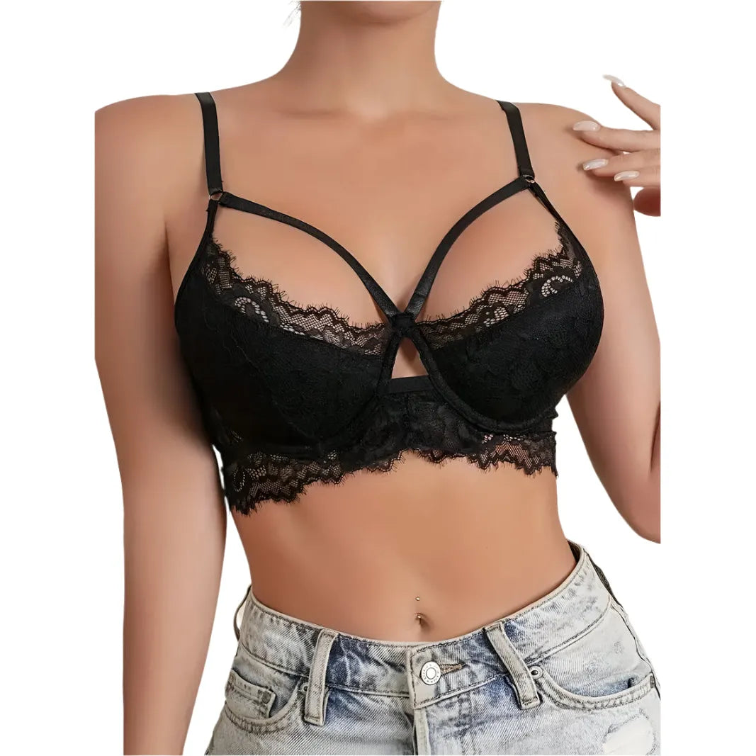 Lace Cross Chest Straps Bra - Black