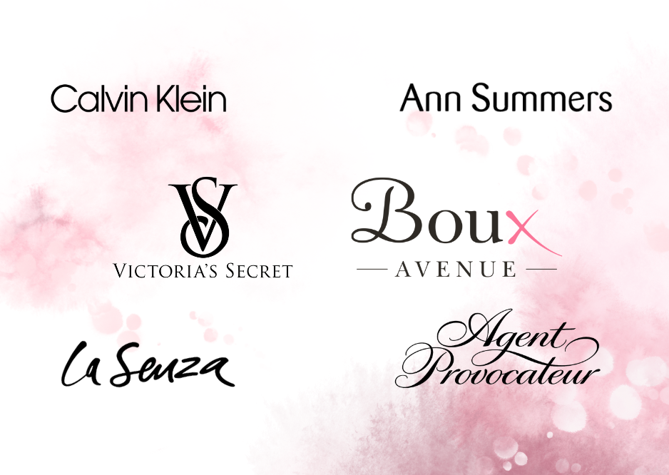Logos of top lingerie brands including Calvin Klein, Victoria’s Secret, Ann Summers, Boux Avenue, La Senza, and Agent Provocateur