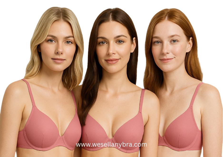Three models wearing matching pink bras – product image for WeSellAnyBra UK sizing