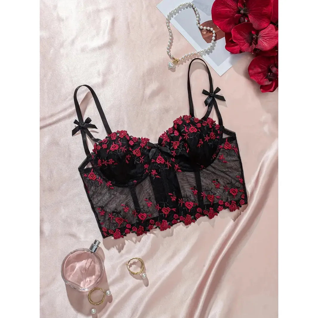 Black floral corset bra