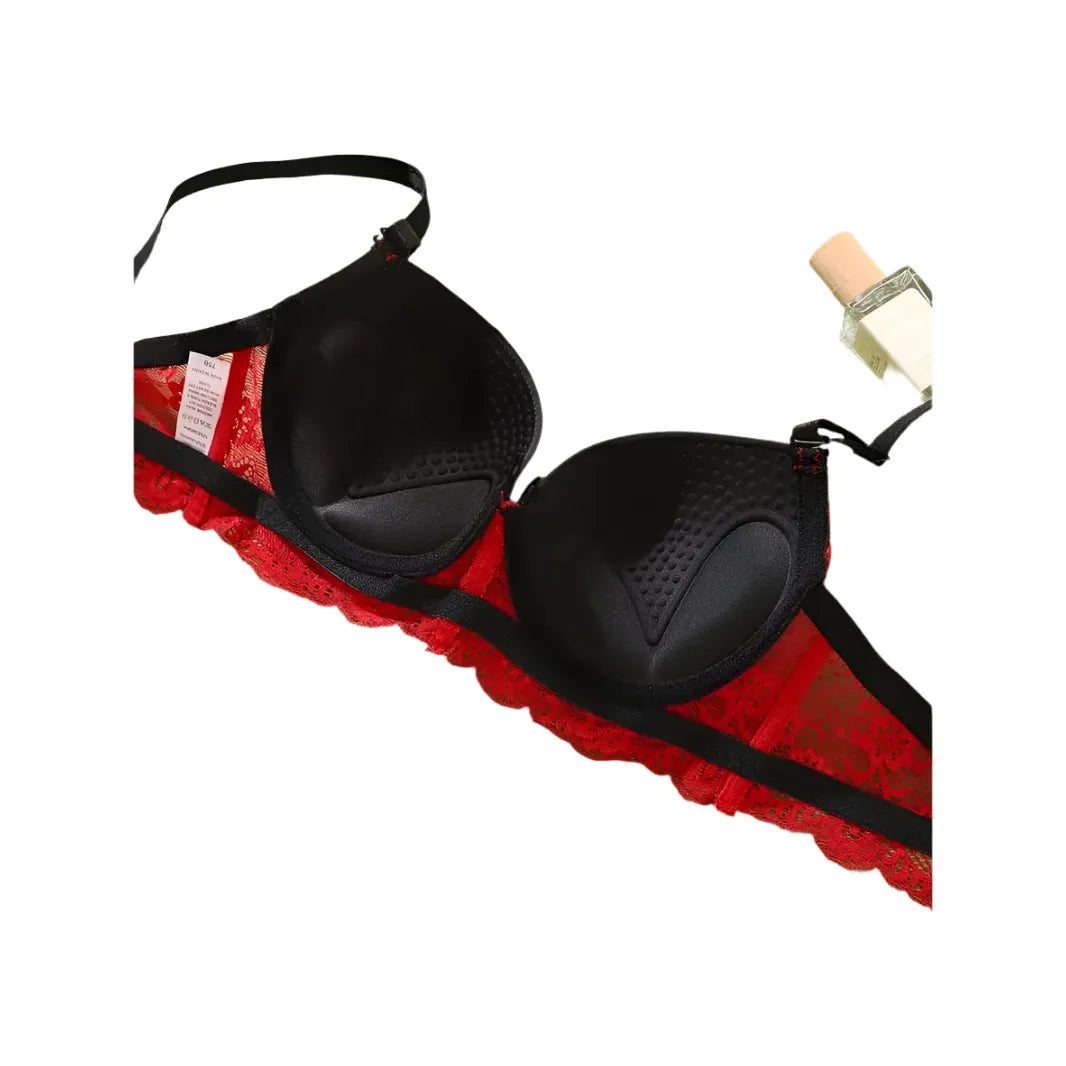 Elegant Lace Push-Up Bra - Black & Red