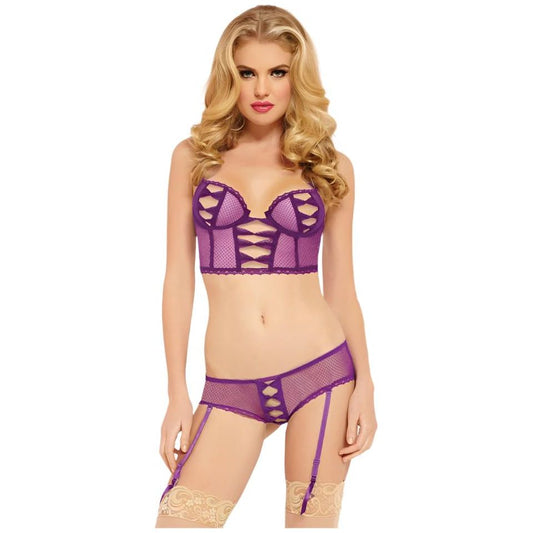 Purple Mesh Lace Up Bra and Knickers Set