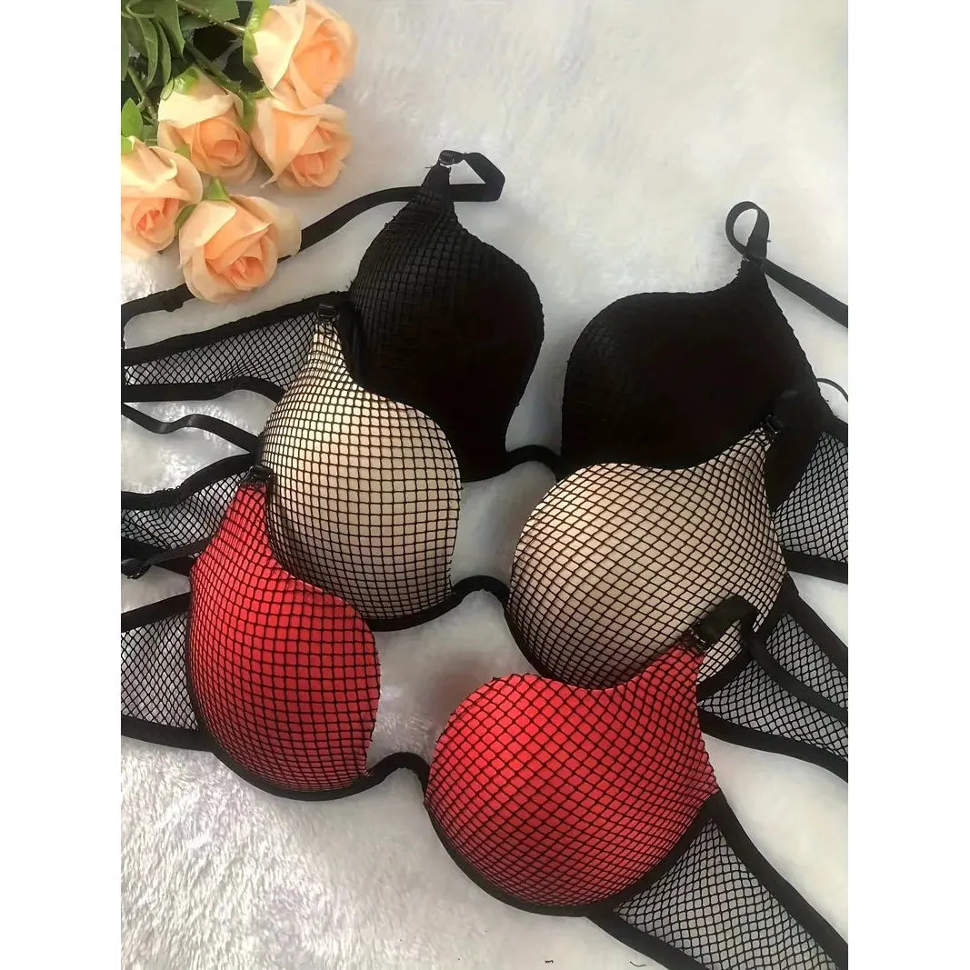 Push-Up Padded Mesh Bra - Red