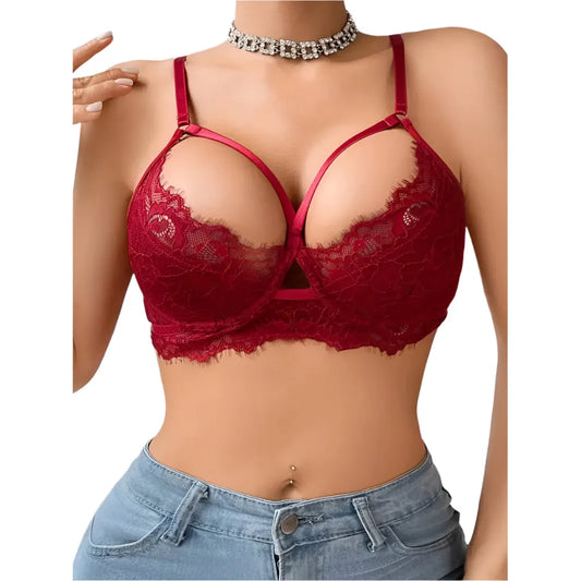 Lace Cross Chest Straps Bra - Red