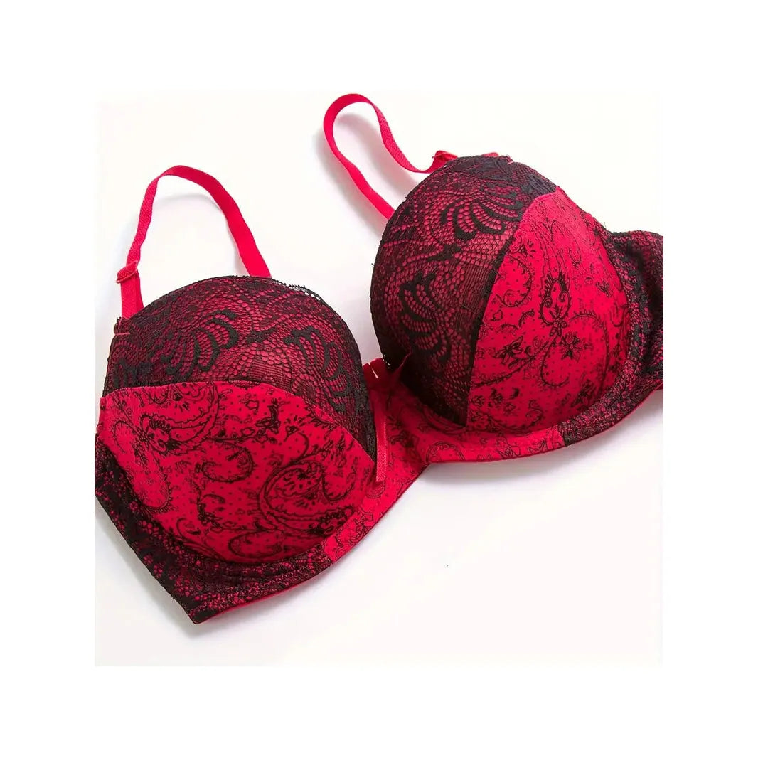 Red Black Floral and Lace Bra