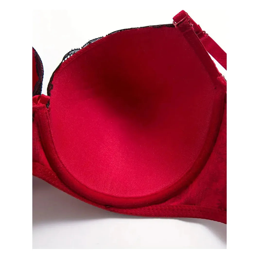 Red Black Floral and Lace Bra