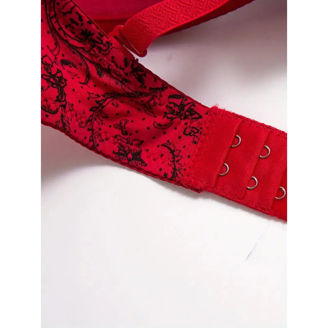 Red Black Floral and Lace Bra